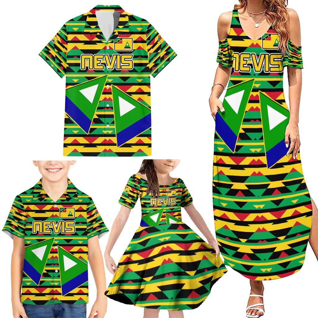 Nevis in Saint Kitts and Nevis Family Matching Summer Maxi Dress and Hawaiian Shirt Geometric Pattern and Coat of Arms - Wonder Print Shop