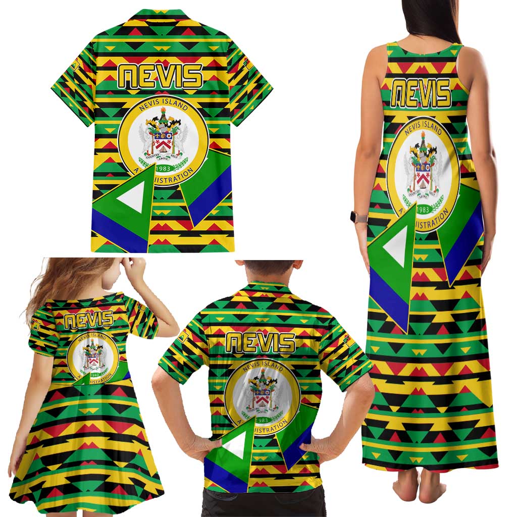 Nevis in Saint Kitts and Nevis Family Matching Tank Maxi Dress and Hawaiian Shirt Geometric Pattern and Coat of Arms - Wonder Print Shop