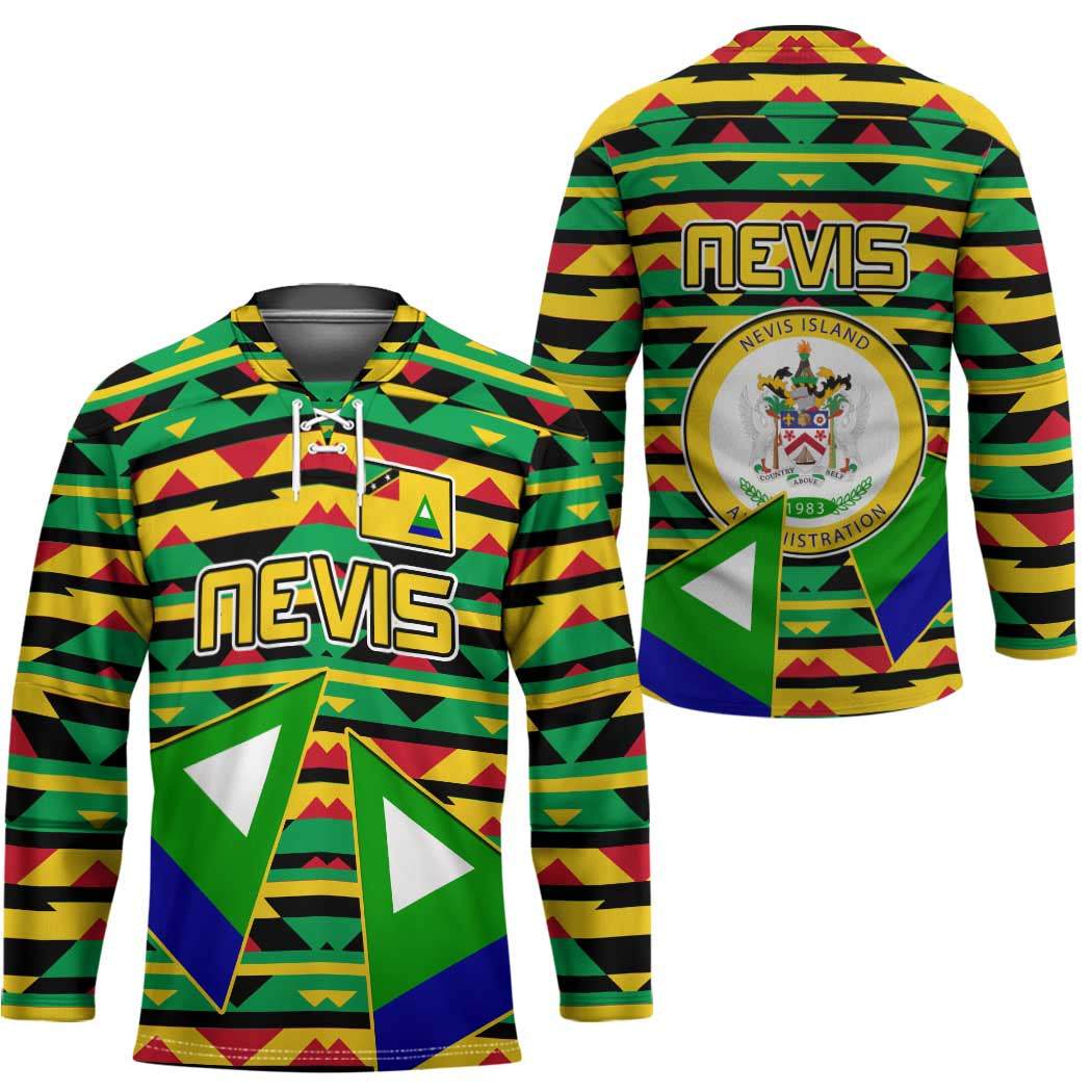 Nevis in Saint Kitts and Nevis Hockey Jersey Geometric Pattern and Coat of Arms - Wonder Print Shop