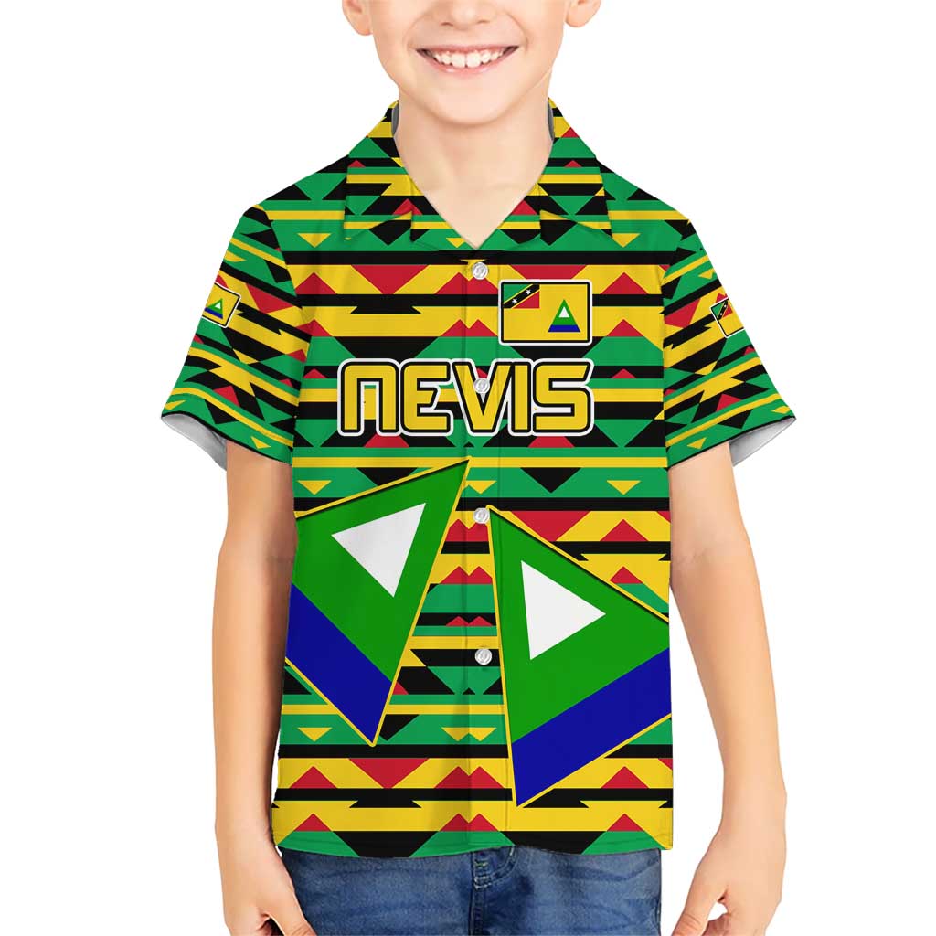 Nevis in Saint Kitts and Nevis Kid Hawaiian Shirt Geometric Pattern and Coat of Arms - Wonder Print Shop
