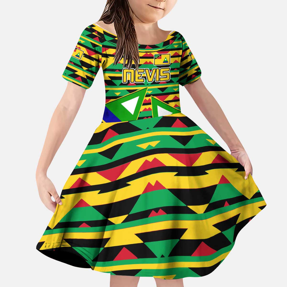 Nevis in Saint Kitts and Nevis Kid Short Sleeve Dress Geometric Pattern and Coat of Arms - Wonder Print Shop