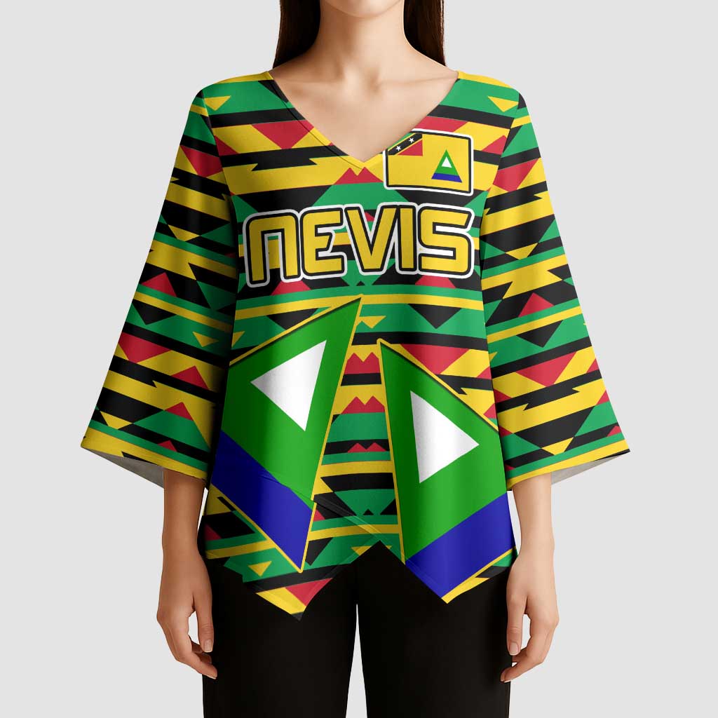 Nevis in Saint Kitts and Nevis Kimono Sleeve Blouse Geometric Pattern and Coat of Arms - Wonder Print Shop