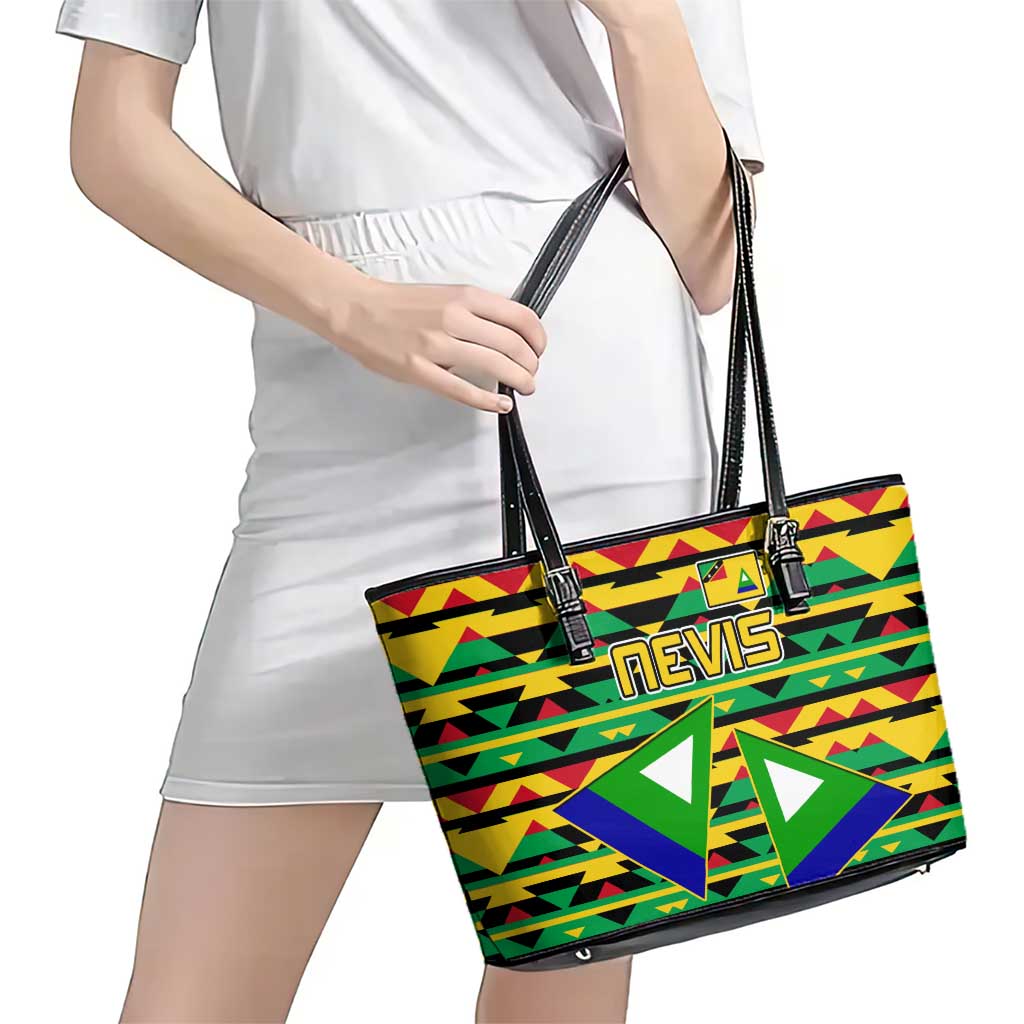 Nevis in Saint Kitts and Nevis Leather Tote Bag Geometric Pattern and Coat of Arms - Wonder Print Shop