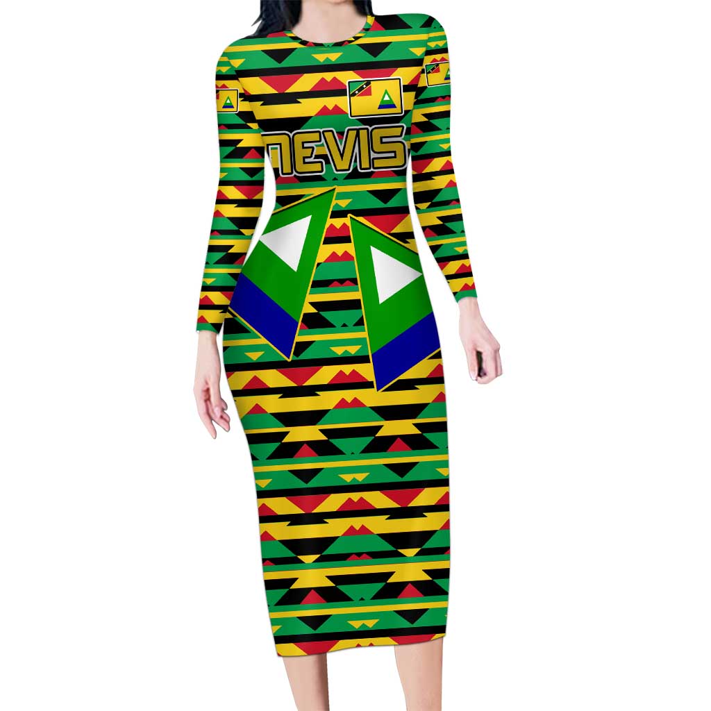 Nevis in Saint Kitts and Nevis Long Sleeve Bodycon Dress Geometric Pattern and Coat of Arms - Wonder Print Shop