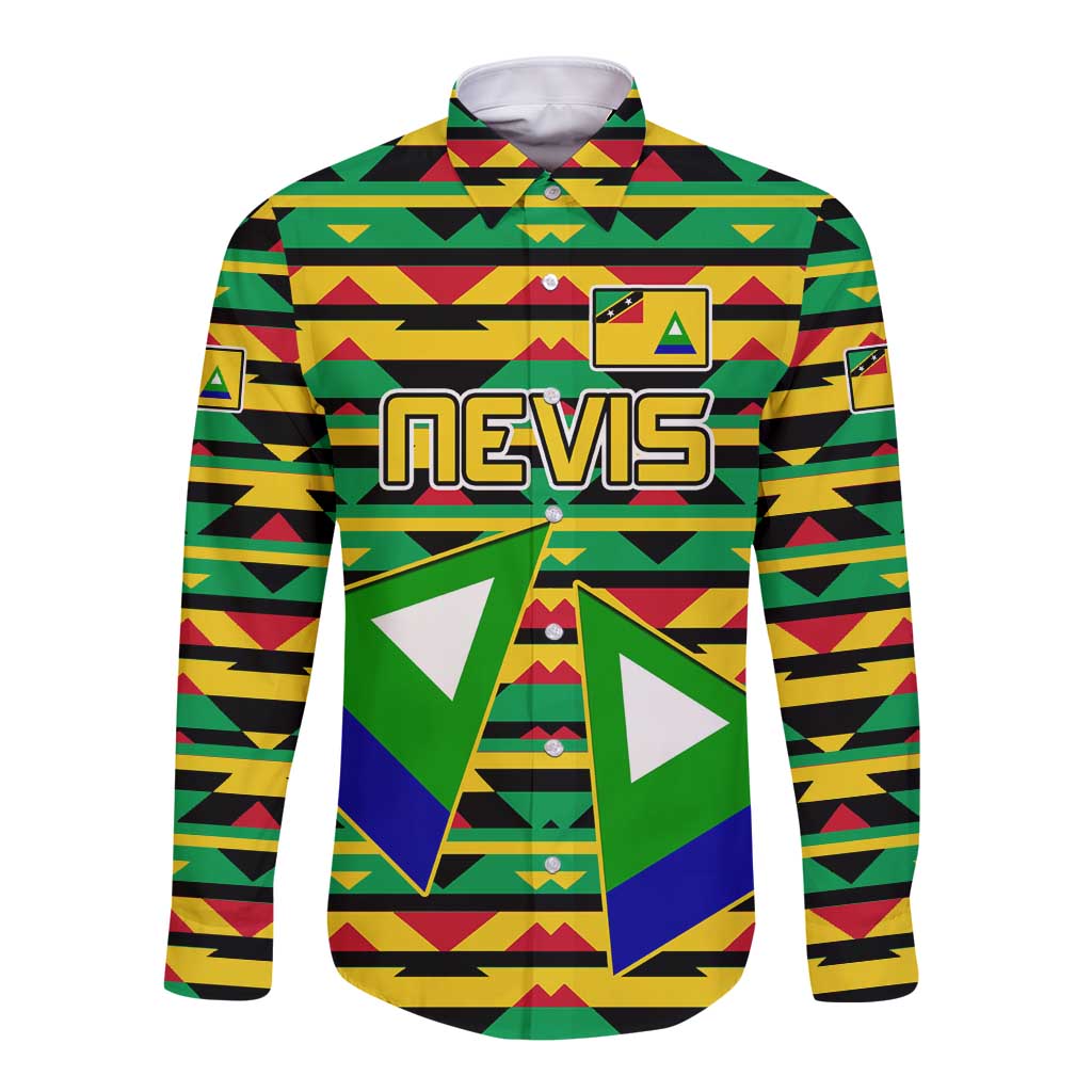 Nevis in Saint Kitts and Nevis Long Sleeve Button Shirt Geometric Pattern and Coat of Arms - Wonder Print Shop
