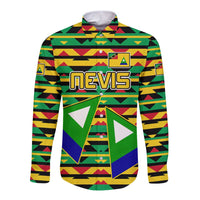 Nevis in Saint Kitts and Nevis Long Sleeve Button Shirt Geometric Pattern and Coat of Arms - Wonder Print Shop
