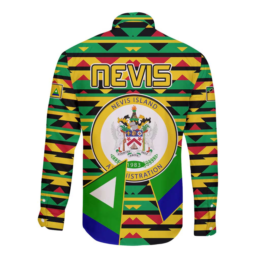Nevis in Saint Kitts and Nevis Long Sleeve Button Shirt Geometric Pattern and Coat of Arms - Wonder Print Shop