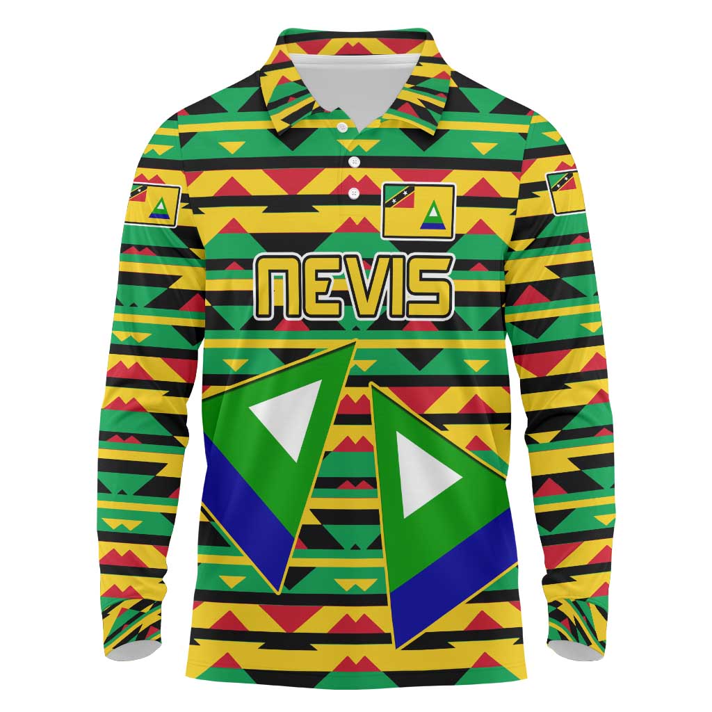 Nevis in Saint Kitts and Nevis Long Sleeve Polo Shirt Geometric Pattern and Coat of Arms - Wonder Print Shop