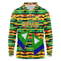 Nevis in Saint Kitts and Nevis Long Sleeve Polo Shirt Geometric Pattern and Coat of Arms - Wonder Print Shop