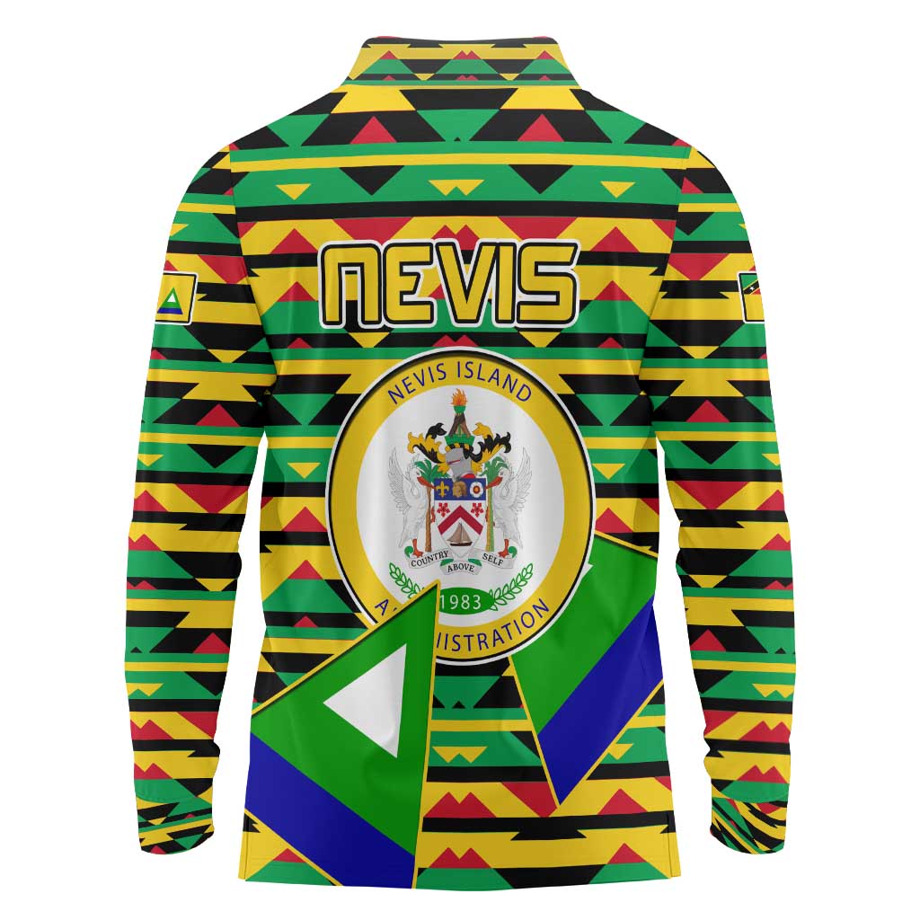 Nevis in Saint Kitts and Nevis Long Sleeve Polo Shirt Geometric Pattern and Coat of Arms - Wonder Print Shop