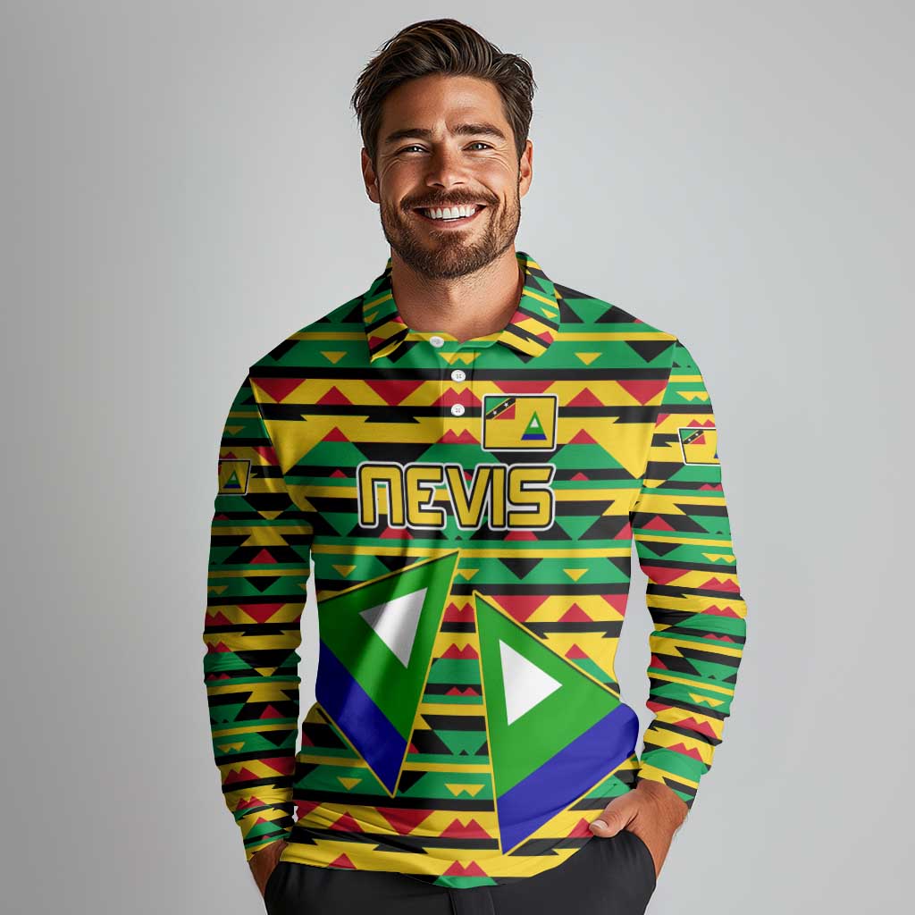 Nevis in Saint Kitts and Nevis Long Sleeve Polo Shirt Geometric Pattern and Coat of Arms - Wonder Print Shop