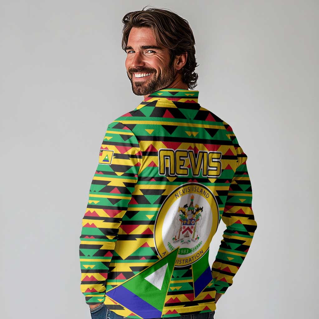 Nevis in Saint Kitts and Nevis Long Sleeve Polo Shirt Geometric Pattern and Coat of Arms - Wonder Print Shop