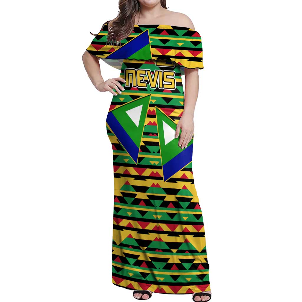 Nevis in Saint Kitts and Nevis Off Shoulder Maxi Dress Geometric Pattern and Coat of Arms - Wonder Print Shop
