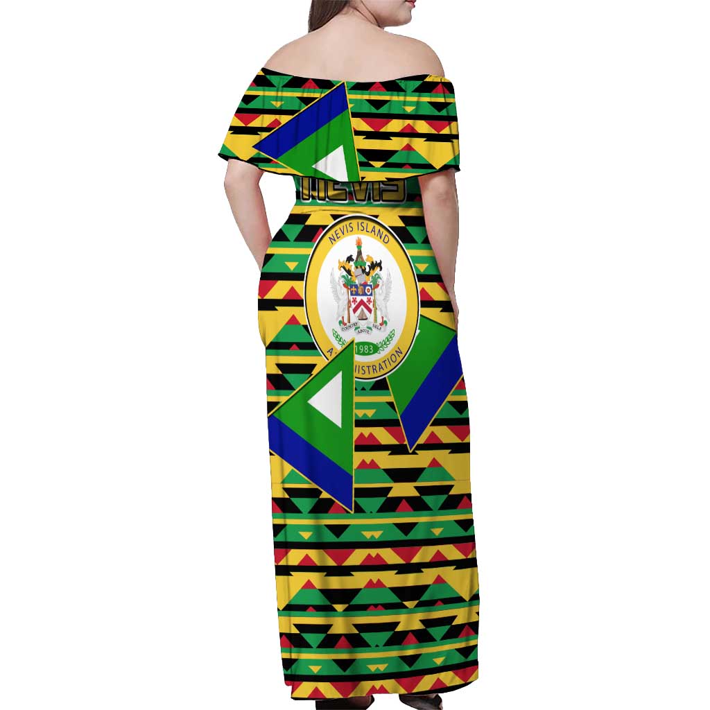 Nevis in Saint Kitts and Nevis Off Shoulder Maxi Dress Geometric Pattern and Coat of Arms - Wonder Print Shop