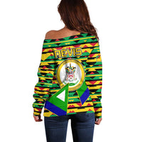 Nevis in Saint Kitts and Nevis Off Shoulder Sweater Geometric Pattern and Coat of Arms - Wonder Print Shop