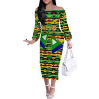 Nevis in Saint Kitts and Nevis Off The Shoulder Long Sleeve Dress Geometric Pattern and Coat of Arms - Wonder Print Shop