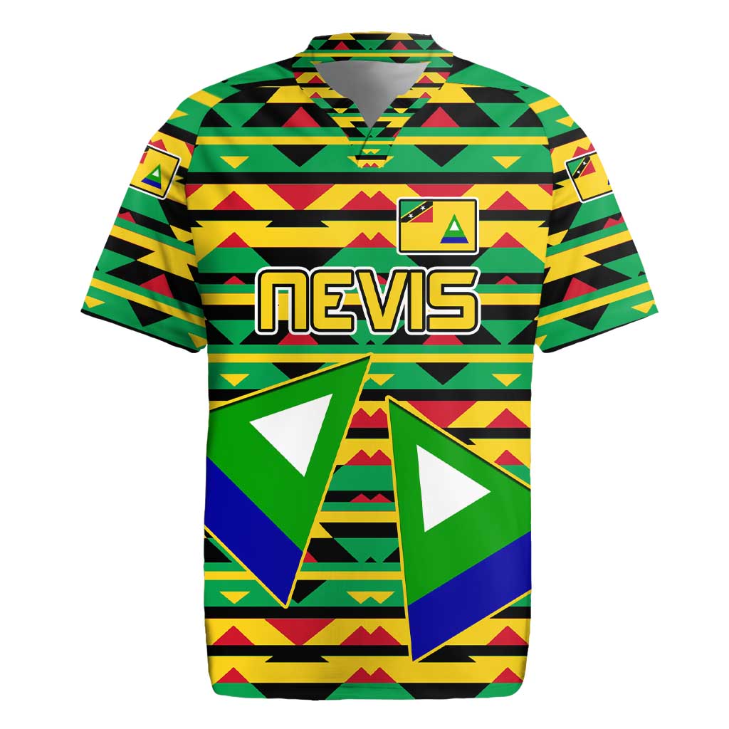 Nevis in Saint Kitts and Nevis Rugby Jersey Geometric Pattern and Coat of Arms - Wonder Print Shop