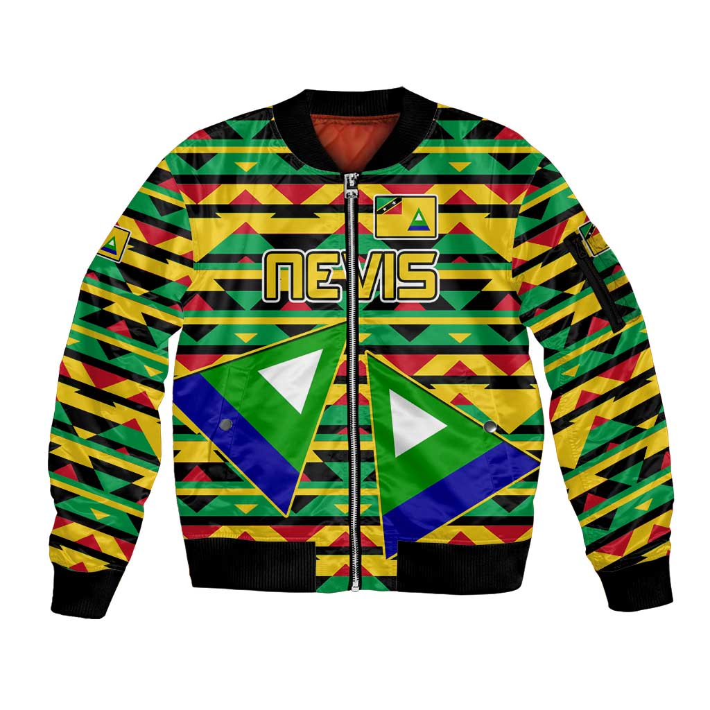Nevis in Saint Kitts and Nevis Sleeve Zip Bomber Jacket Geometric Pattern and Coat of Arms - Wonder Print Shop