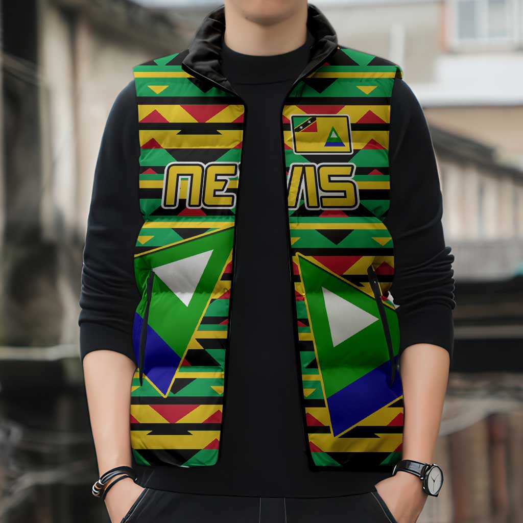 Nevis in Saint Kitts and Nevis Sleeveless Puffer Jacket Geometric Pattern and Coat of Arms - Wonder Print Shop