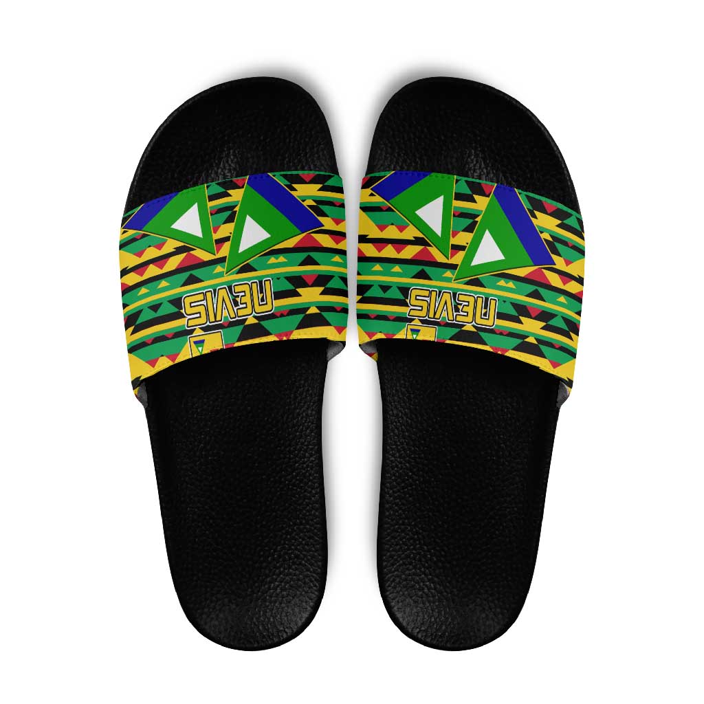 Nevis in Saint Kitts and Nevis Slide Sandals Geometric Pattern and Coat of Arms - Wonder Print Shop