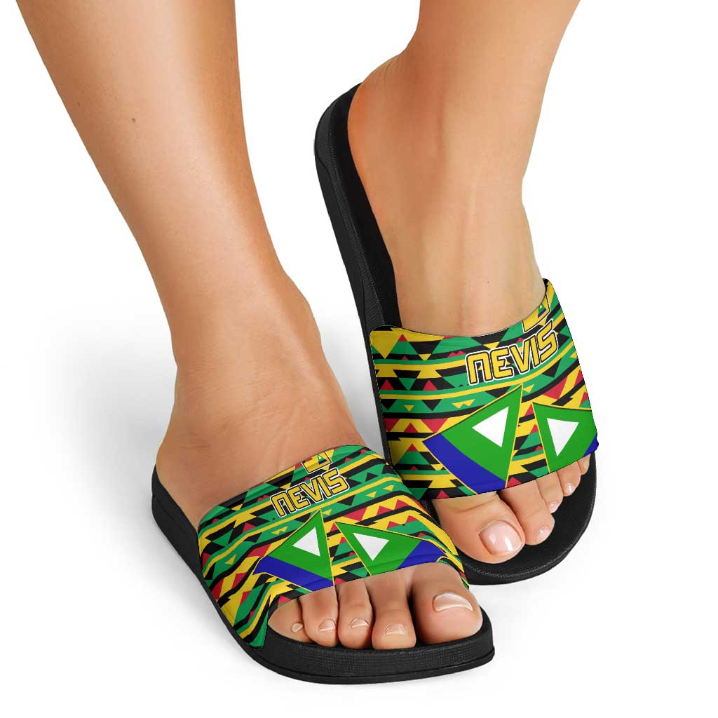 Nevis in Saint Kitts and Nevis Slide Sandals Geometric Pattern and Coat of Arms - Wonder Print Shop