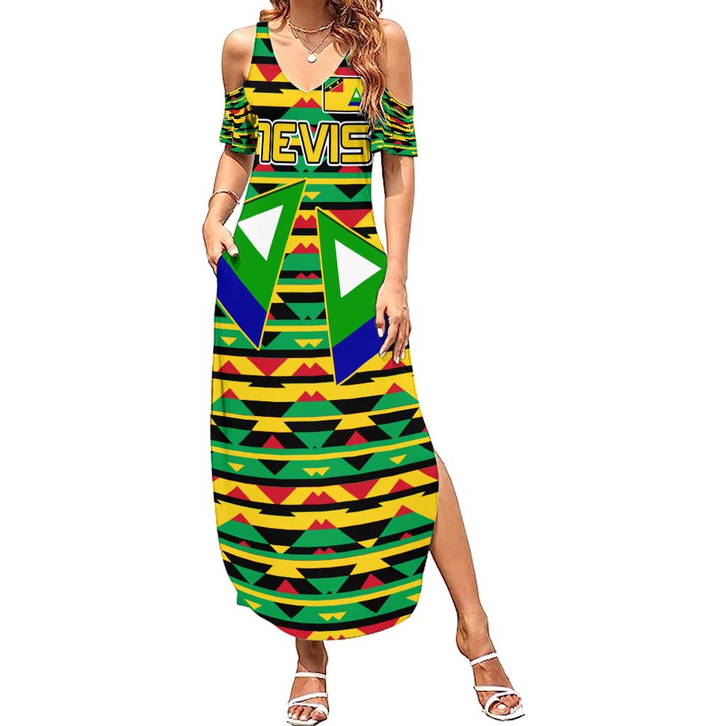Nevis in Saint Kitts and Nevis Summer Maxi Dress Geometric Pattern and Coat of Arms - Wonder Print Shop