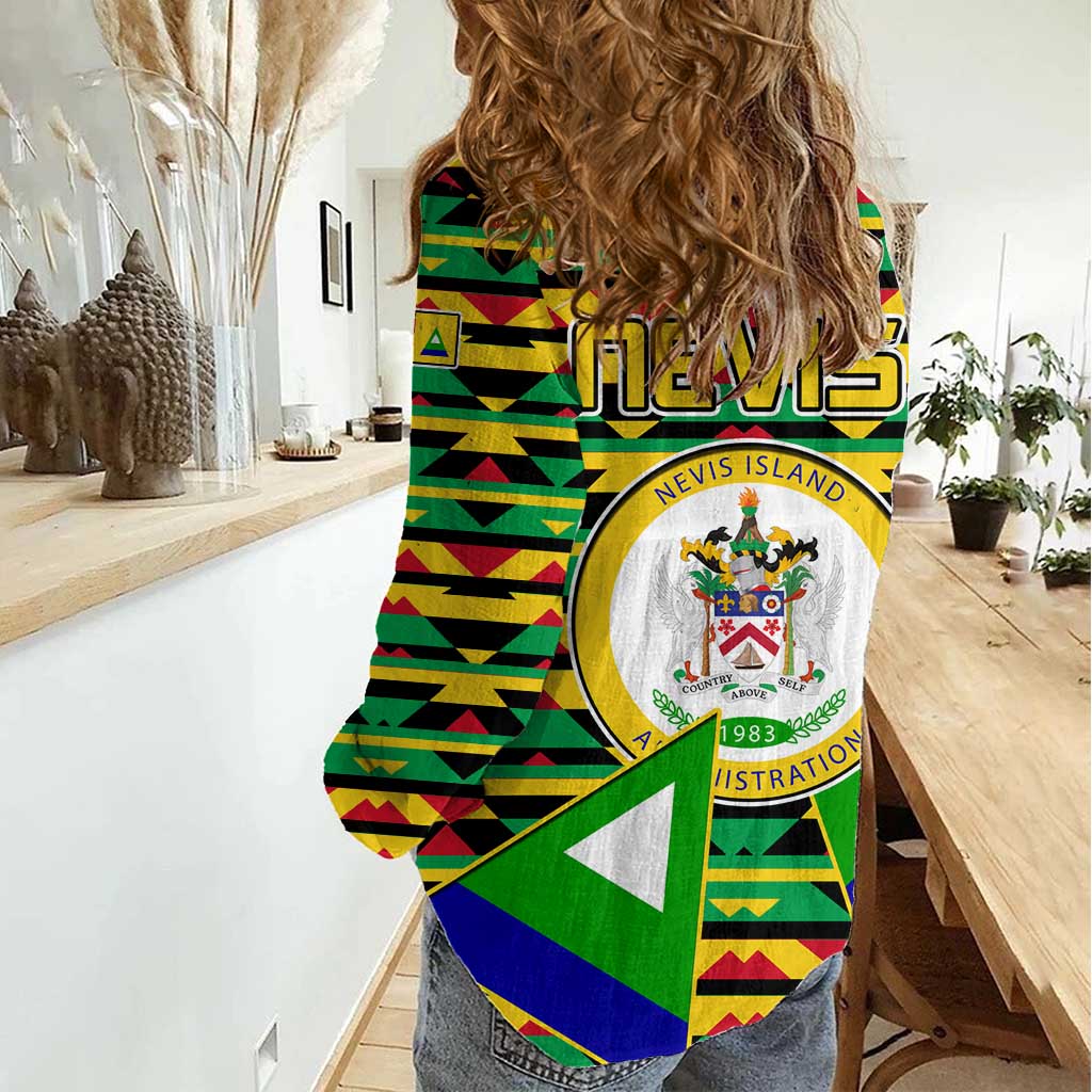 Nevis in Saint Kitts and Nevis Women Casual Shirt Geometric Pattern and Coat of Arms - Wonder Print Shop