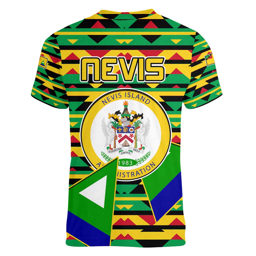 Nevis in Saint Kitts and Nevis Women V-Neck T-Shirt Geometric Pattern and Coat of Arms - Wonder Print Shop
