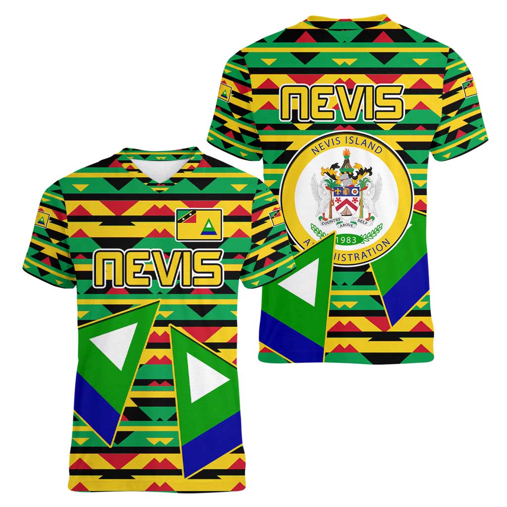 Nevis in Saint Kitts and Nevis Women V-Neck T-Shirt Geometric Pattern and Coat of Arms - Wonder Print Shop