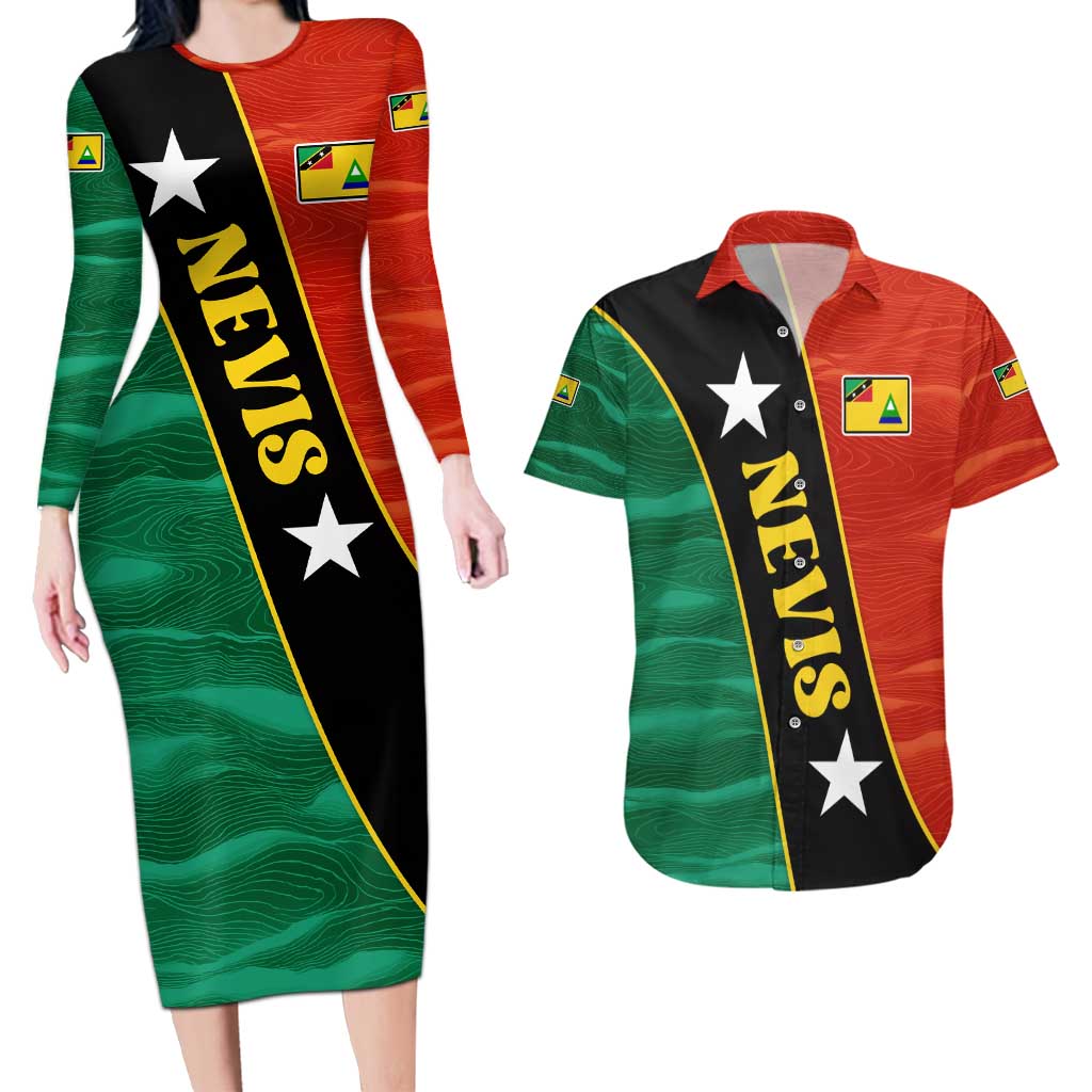 Nevis in Saint Kitts and Nevis Couples Matching Long Sleeve Bodycon Dress and Hawaiian Shirt Star Design and Coat of Arms - Wonder Print Shop