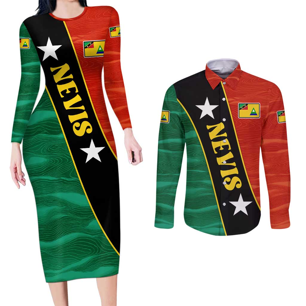 Nevis in Saint Kitts and Nevis Couples Matching Long Sleeve Bodycon Dress and Long Sleeve Button Shirt Star Design and Coat of Arms - Wonder Print Shop