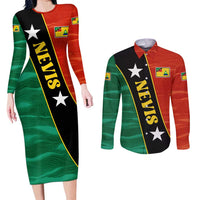 Nevis in Saint Kitts and Nevis Couples Matching Long Sleeve Bodycon Dress and Long Sleeve Button Shirt Star Design and Coat of Arms - Wonder Print Shop
