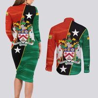 Nevis in Saint Kitts and Nevis Couples Matching Long Sleeve Bodycon Dress and Long Sleeve Button Shirt Star Design and Coat of Arms - Wonder Print Shop