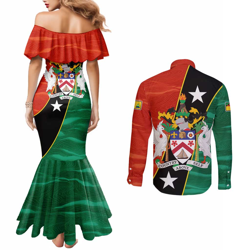 Nevis in Saint Kitts and Nevis Couples Matching Mermaid Dress and Long Sleeve Button Shirt Star Design and Coat of Arms - Wonder Print Shop