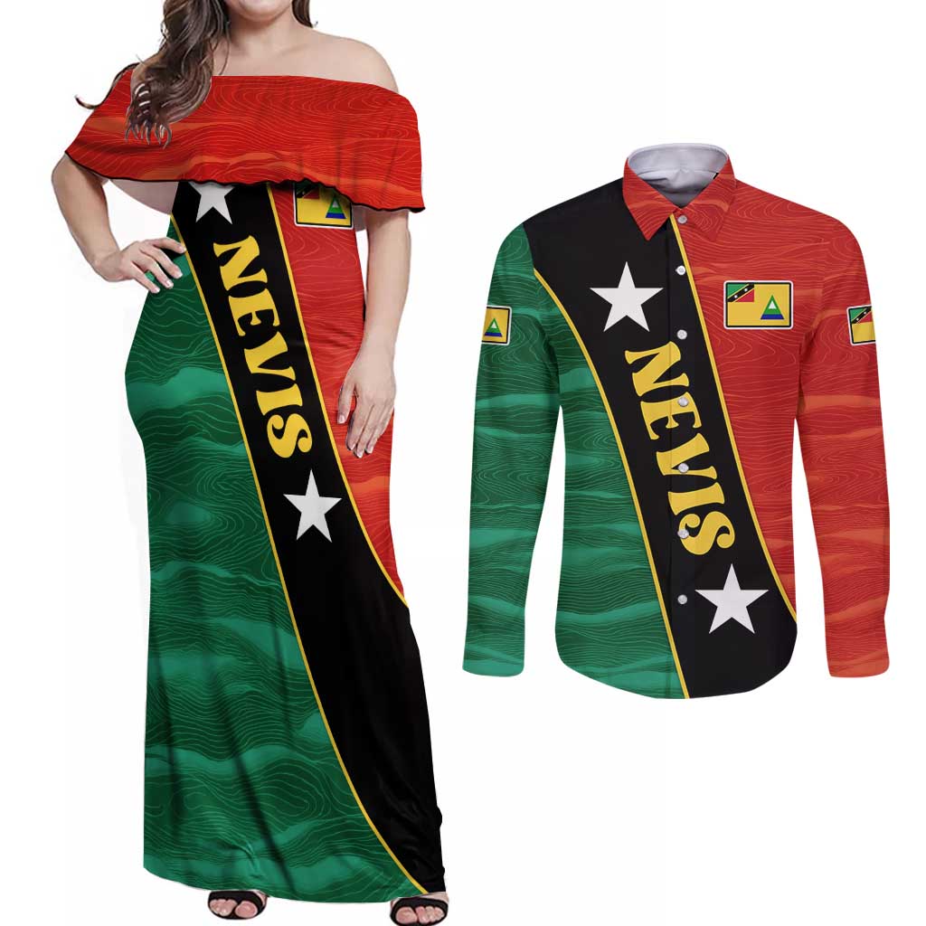 Nevis in Saint Kitts and Nevis Couples Matching Off Shoulder Maxi Dress and Long Sleeve Button Shirt Star Design and Coat of Arms - Wonder Print Shop