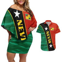 Nevis in Saint Kitts and Nevis Couples Matching Off Shoulder Short Dress and Hawaiian Shirt Star Design and Coat of Arms - Wonder Print Shop