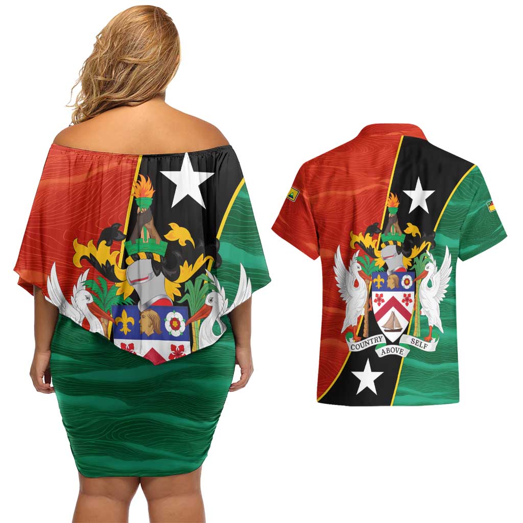 Nevis in Saint Kitts and Nevis Couples Matching Off Shoulder Short Dress and Hawaiian Shirt Star Design and Coat of Arms - Wonder Print Shop
