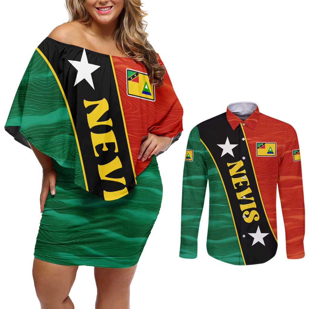Nevis in Saint Kitts and Nevis Couples Matching Off Shoulder Short Dress and Long Sleeve Button Shirt Star Design and Coat of Arms - Wonder Print Shop