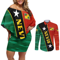 Nevis in Saint Kitts and Nevis Couples Matching Off Shoulder Short Dress and Long Sleeve Button Shirt Star Design and Coat of Arms - Wonder Print Shop