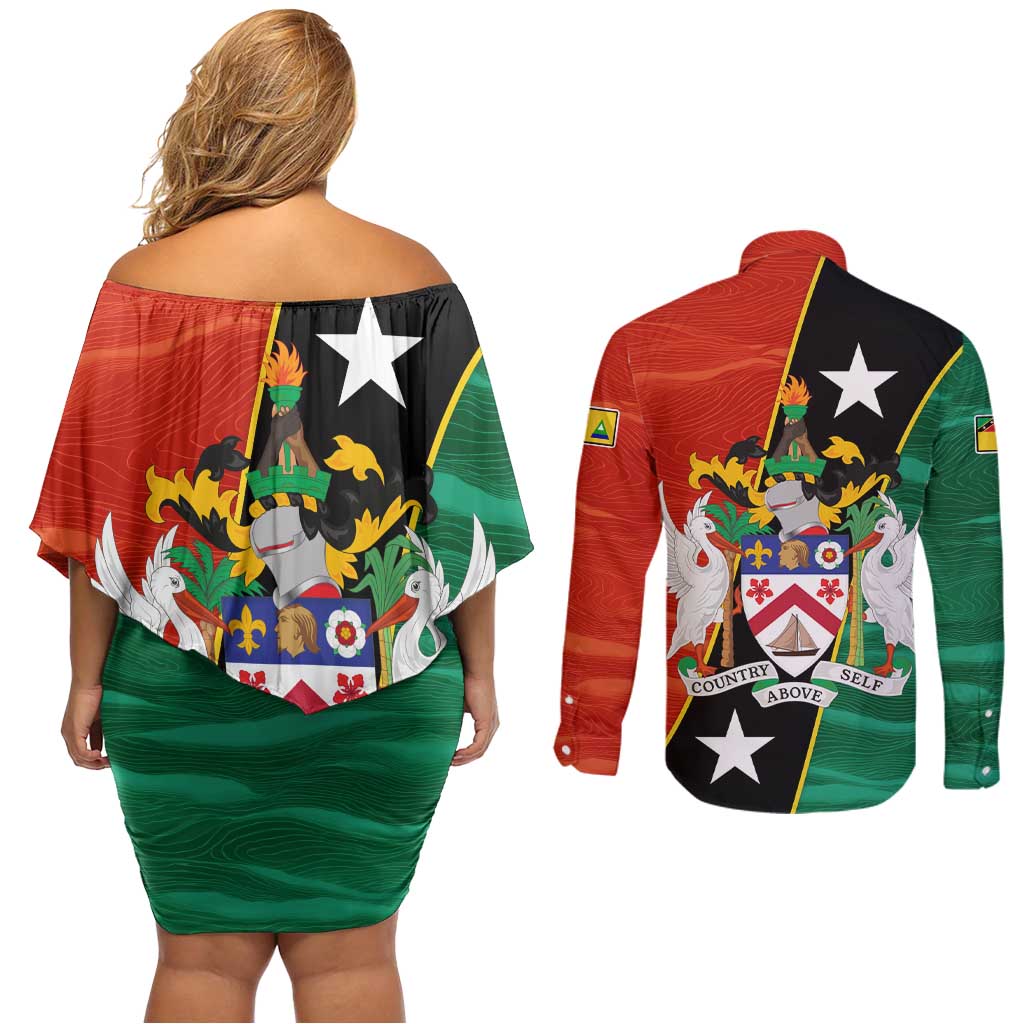 Nevis in Saint Kitts and Nevis Couples Matching Off Shoulder Short Dress and Long Sleeve Button Shirt Star Design and Coat of Arms - Wonder Print Shop