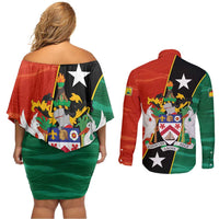Nevis in Saint Kitts and Nevis Couples Matching Off Shoulder Short Dress and Long Sleeve Button Shirt Star Design and Coat of Arms - Wonder Print Shop