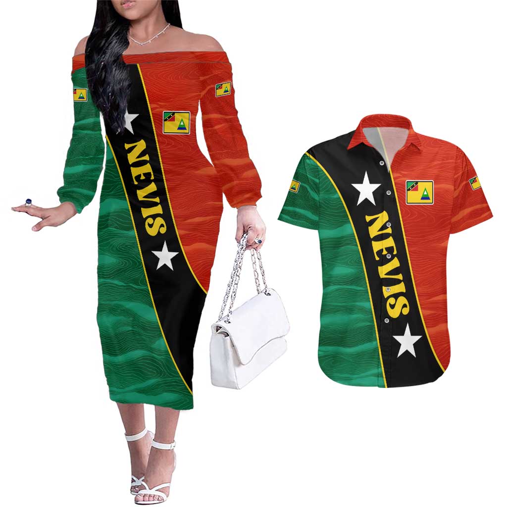 Nevis in Saint Kitts and Nevis Couples Matching Off The Shoulder Long Sleeve Dress and Hawaiian Shirt Star Design and Coat of Arms - Wonder Print Shop