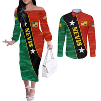 Nevis in Saint Kitts and Nevis Couples Matching Off The Shoulder Long Sleeve Dress and Long Sleeve Button Shirt Star Design and Coat of Arms - Wonder Print Shop