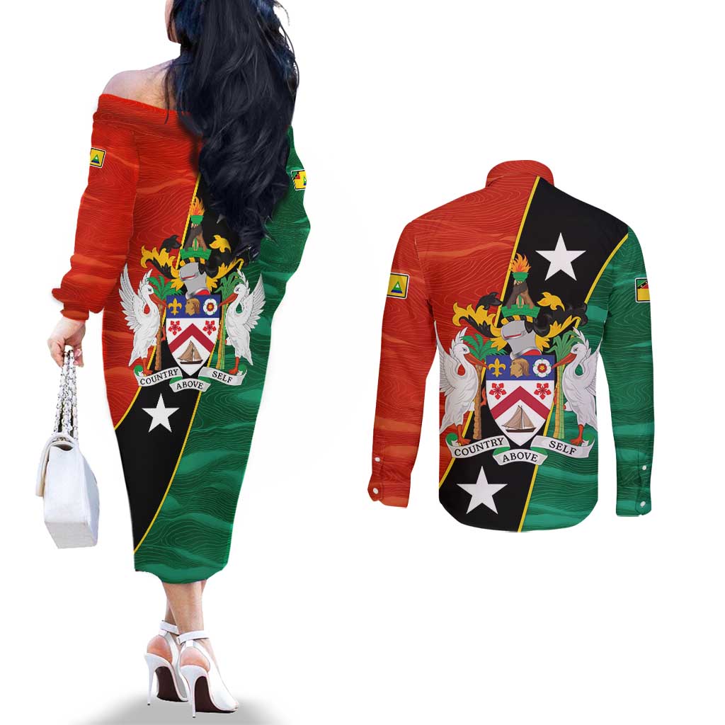 Nevis in Saint Kitts and Nevis Couples Matching Off The Shoulder Long Sleeve Dress and Long Sleeve Button Shirt Star Design and Coat of Arms - Wonder Print Shop