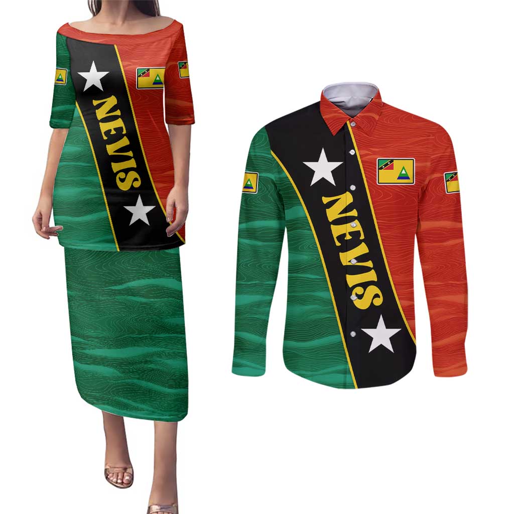 Nevis in Saint Kitts and Nevis Couples Matching Puletasi and Long Sleeve Button Shirt Star Design and Coat of Arms - Wonder Print Shop