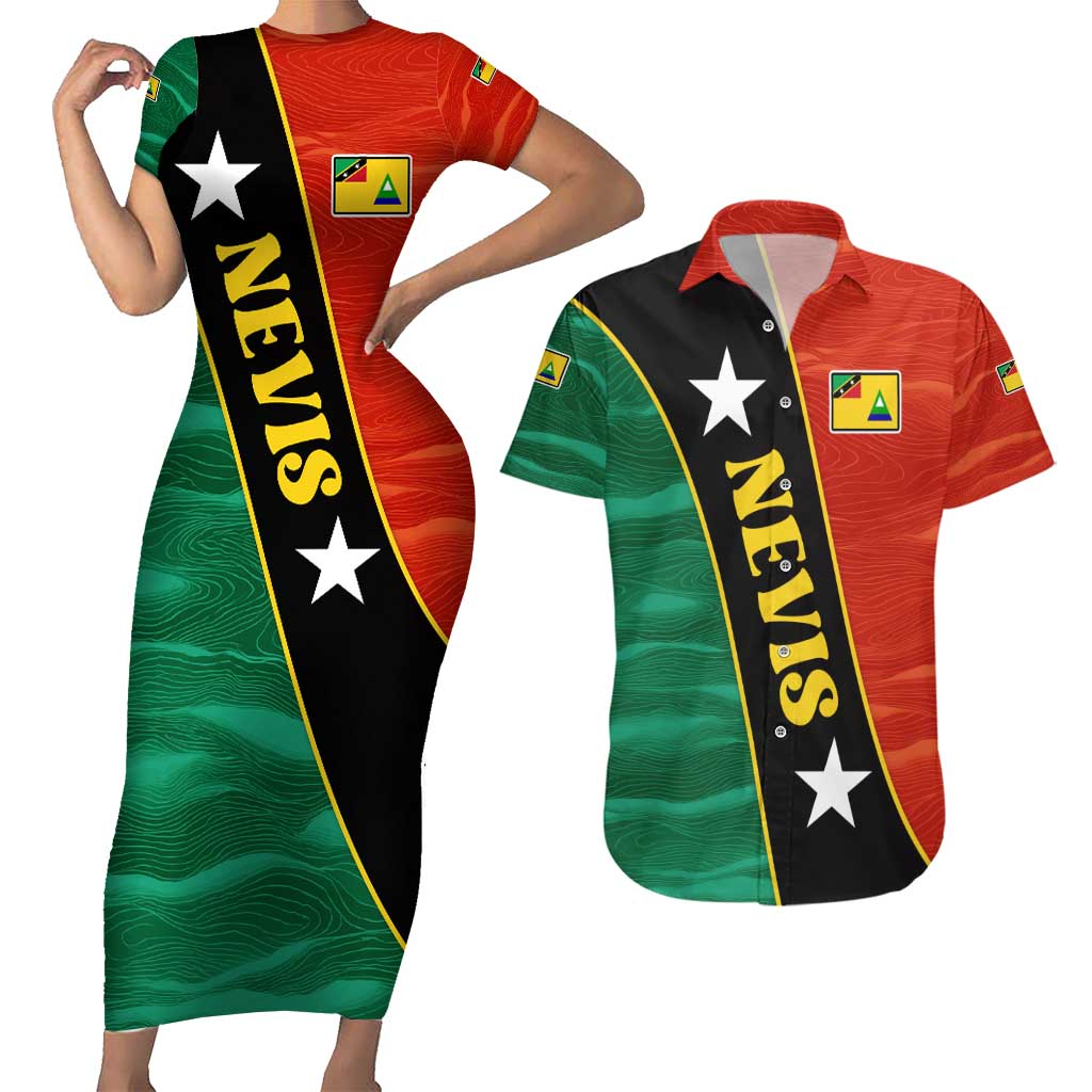 Nevis in Saint Kitts and Nevis Couples Matching Short Sleeve Bodycon Dress and Hawaiian Shirt Star Design and Coat of Arms - Wonder Print Shop