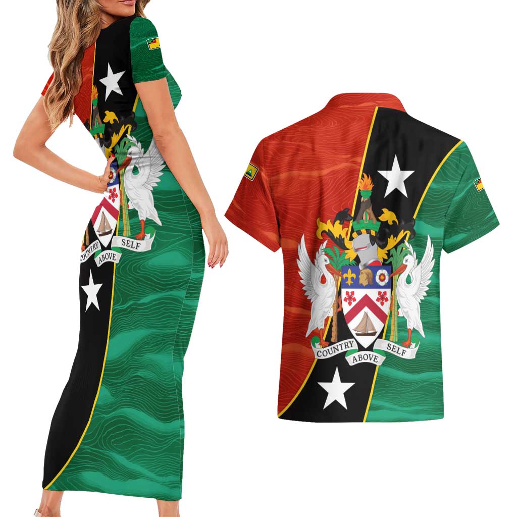 Nevis in Saint Kitts and Nevis Couples Matching Short Sleeve Bodycon Dress and Hawaiian Shirt Star Design and Coat of Arms - Wonder Print Shop