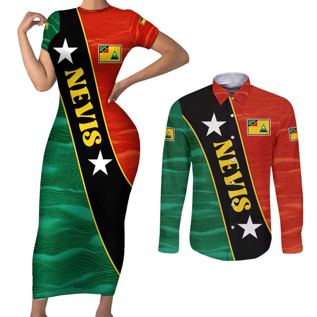 Nevis in Saint Kitts and Nevis Couples Matching Short Sleeve Bodycon Dress and Long Sleeve Button Shirt Star Design and Coat of Arms - Wonder Print Shop