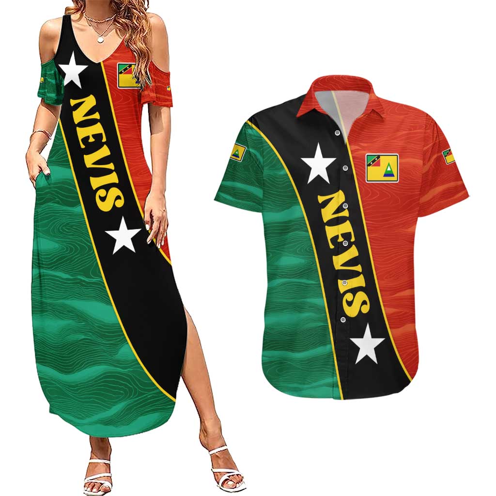 Nevis in Saint Kitts and Nevis Couples Matching Summer Maxi Dress and Hawaiian Shirt Star Design and Coat of Arms - Wonder Print Shop