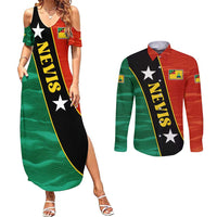 Nevis in Saint Kitts and Nevis Couples Matching Summer Maxi Dress and Long Sleeve Button Shirt Star Design and Coat of Arms - Wonder Print Shop